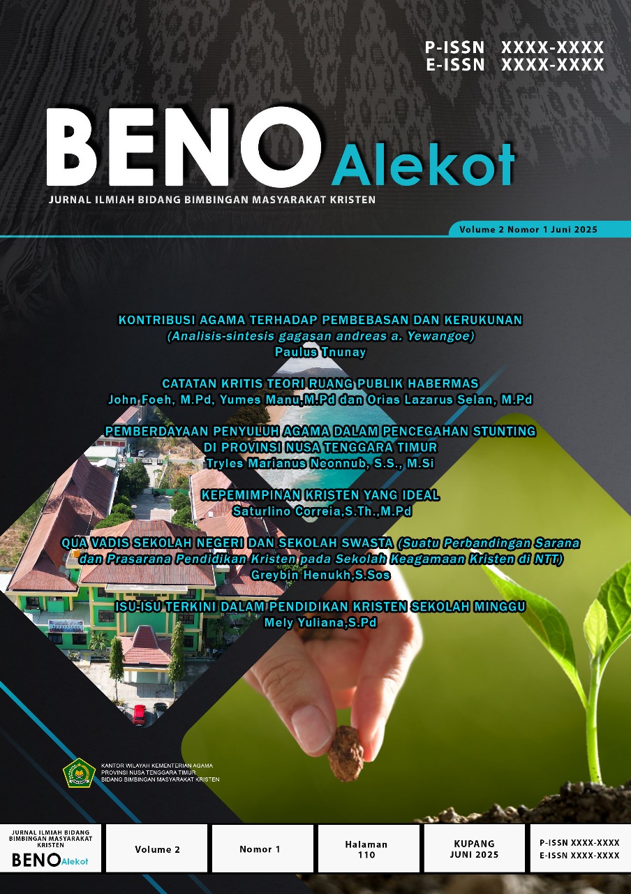 					View Vol. 2 No. 1 (2025): BENO ALEKOT (Jurnal Ilmiah Bidang Bimbingan Masyarakat Kristen)
				